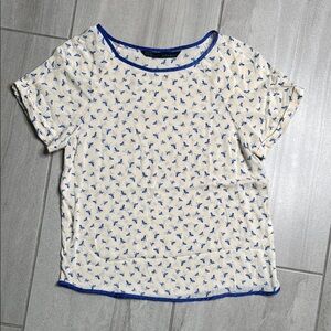 Zara Blue and Cream Boxy Short Sleeve Blouse